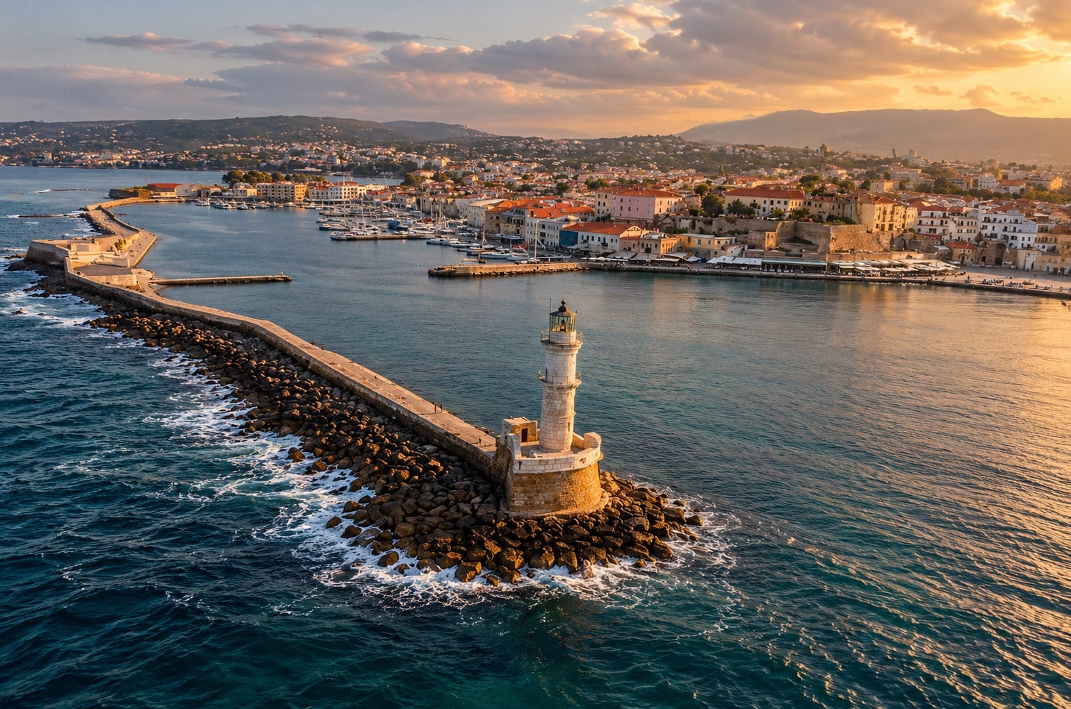 Golden hour lighthouse over historic harbor
